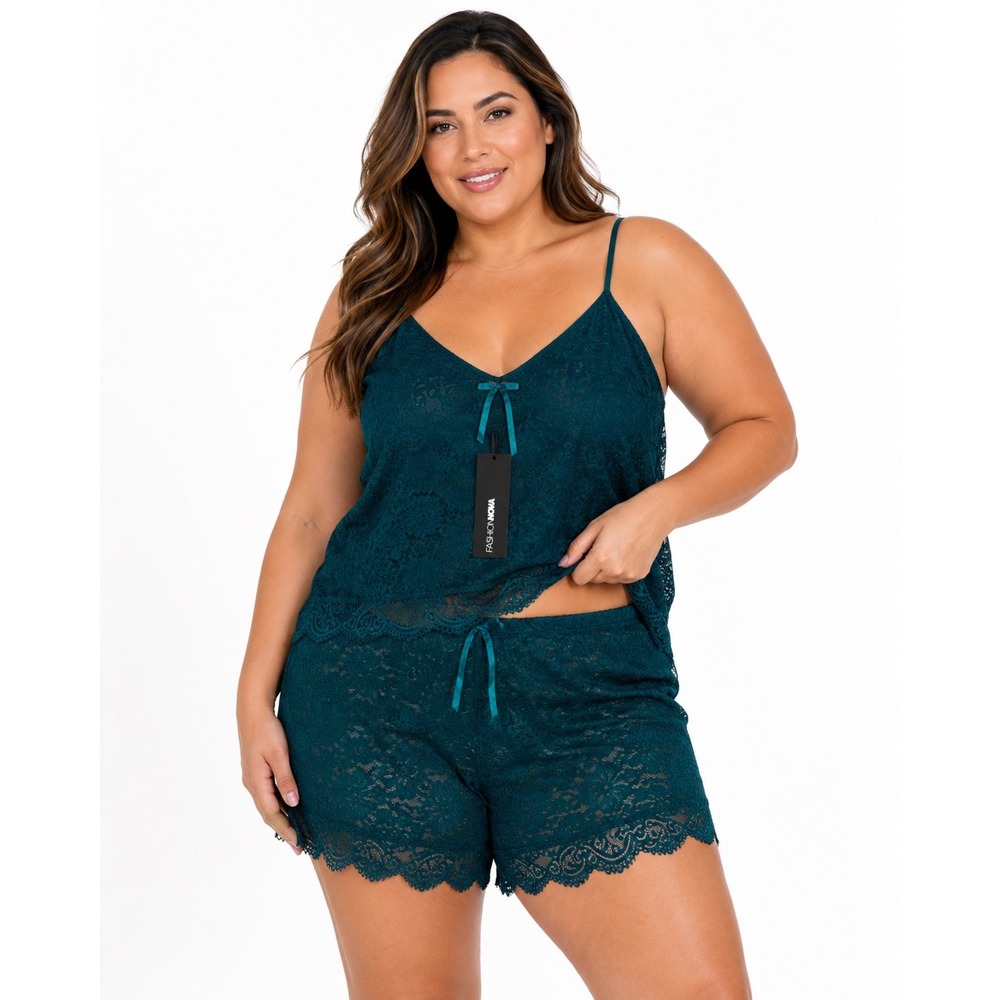 Fashion Nova Womens 3X Teal Green Lace Camisole and Shorts Lingerie Set NWT